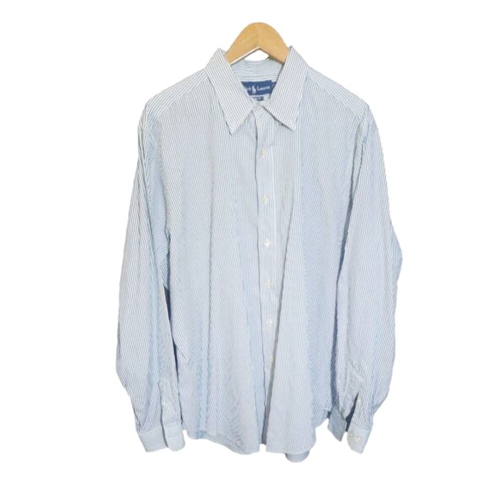 Ralph Lauren Mens Blue Stripe Clasic Fit Lightweight Long Sleeve Shirt 17 1/2